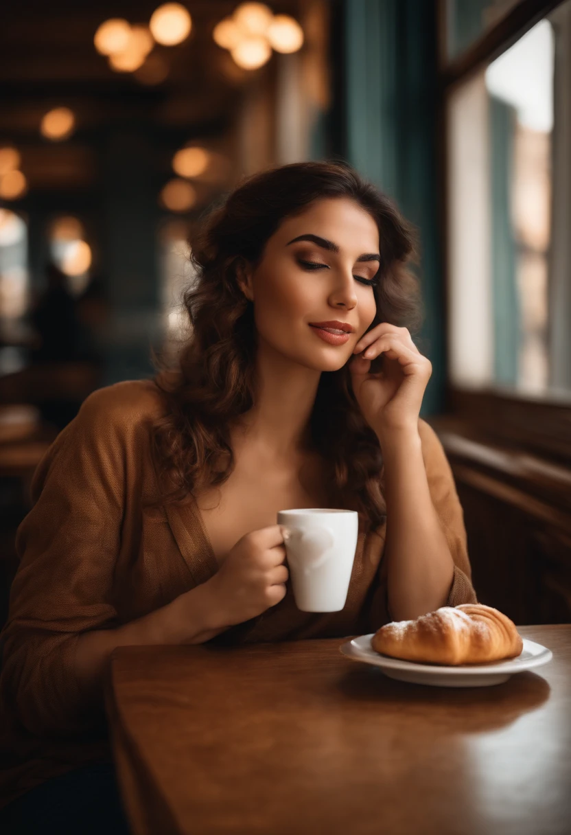 Beautiful GREEK woman at Coffee time with a croissant, by Valent10179, enjoyment, vogue, vivid colors, The froth in the doffee creates a heart shape,NSFW