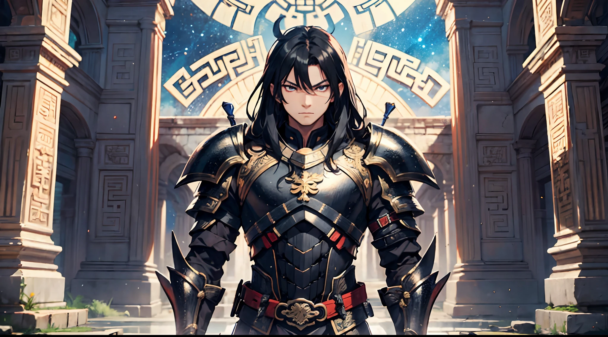 1 Boy, Chinese Emperor, Armored With Pure Black Armor, Holding Dual Spear, Handsome, Long Black Hair, Galactic Pupil Eyes, 8k, Ultra High Definition, Ancient Ruins Background,