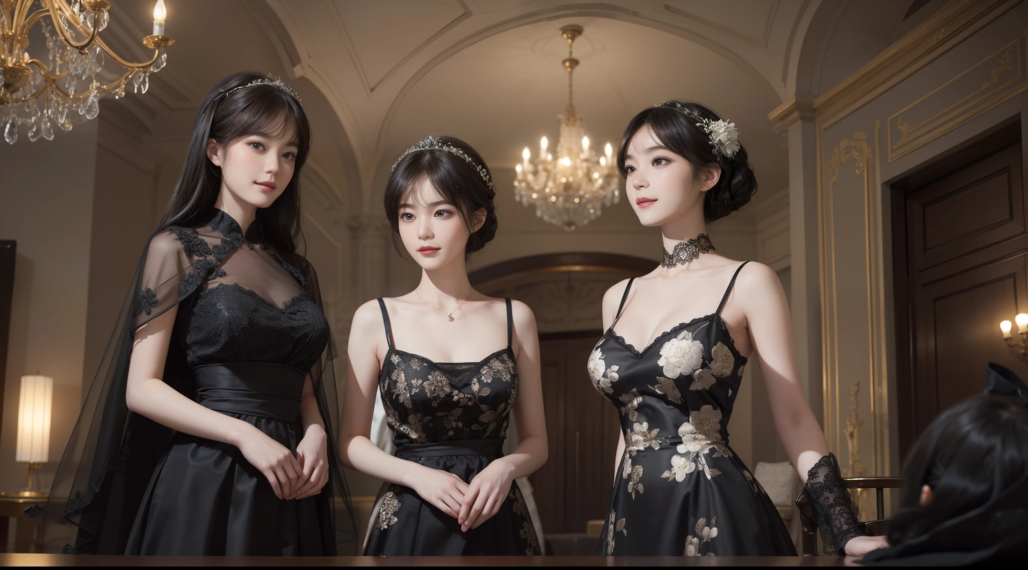((Best Quality))), (8K picture quality), ((Masterpiece)), (Very sophisticated、Beautiful fece), (wearing dresses) , (1womanl), (black-short-hair), Dress up, with floral pattern, Soft silk fabric, 电影灯光, Gentle facial expressions, (A slight smil:1.3), ((lightand shade contrast)), Luxurious interior windowsill, ((breast)), Large dogs