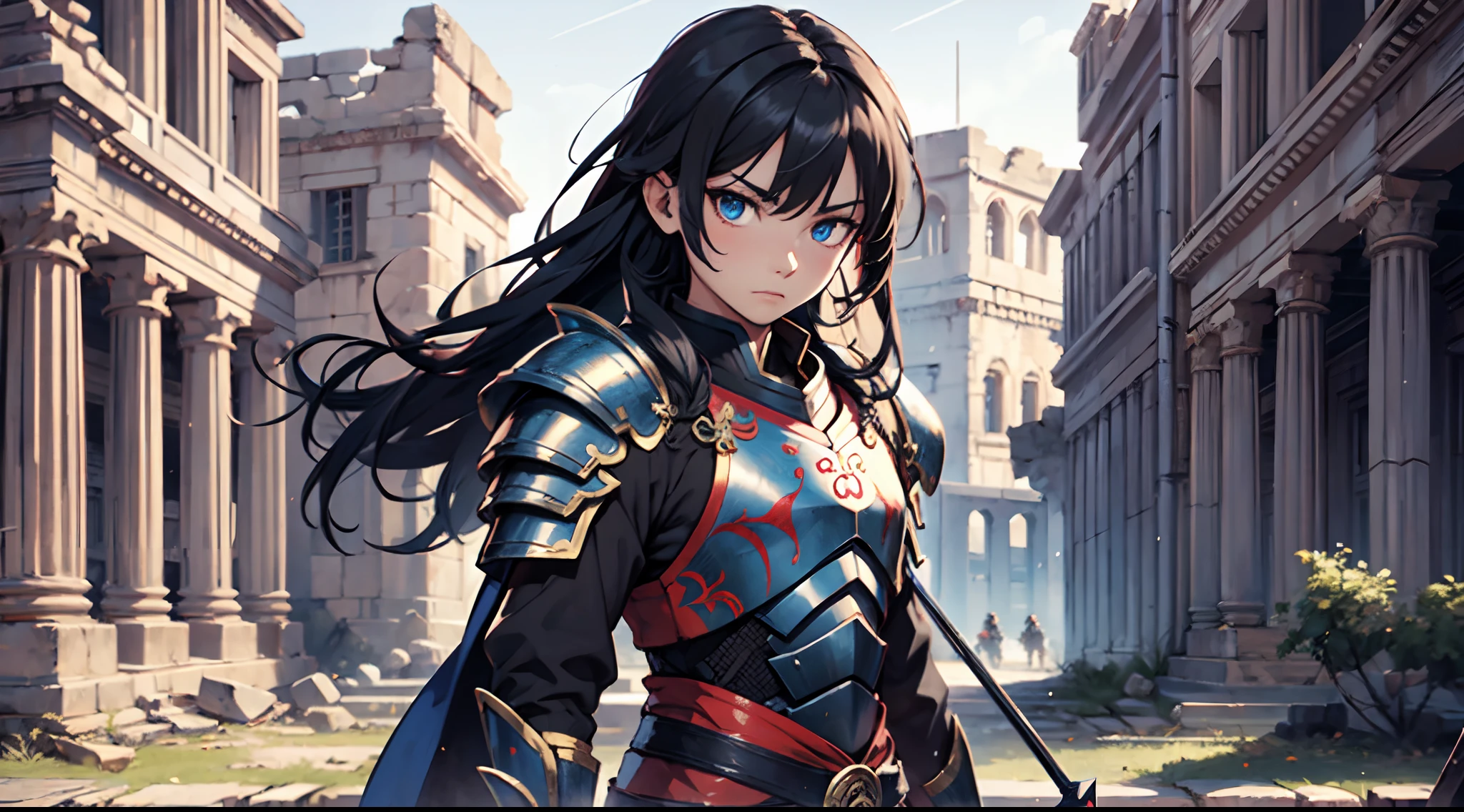 1 Boy, Chinese Emperor, Armored With Pure Black Armor, Holding Dual Spear, Handsome, Long Black Hair, Galactic Pupil Eyes, 8k, Ultra High Definition, Ancient Ruins Background,