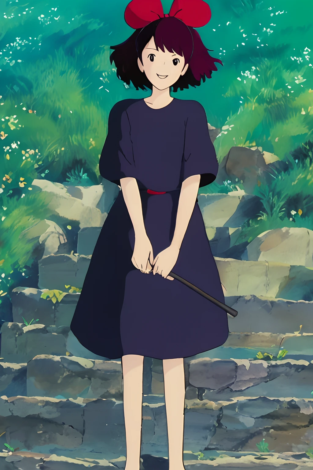 (masterpiece, best quality;1.3),ultra detailed,1girl,solo,feenagrandia,looking at viewer,smile, kiki,black robe,red hair bow,blue sky, standing, fullbody, outdoor