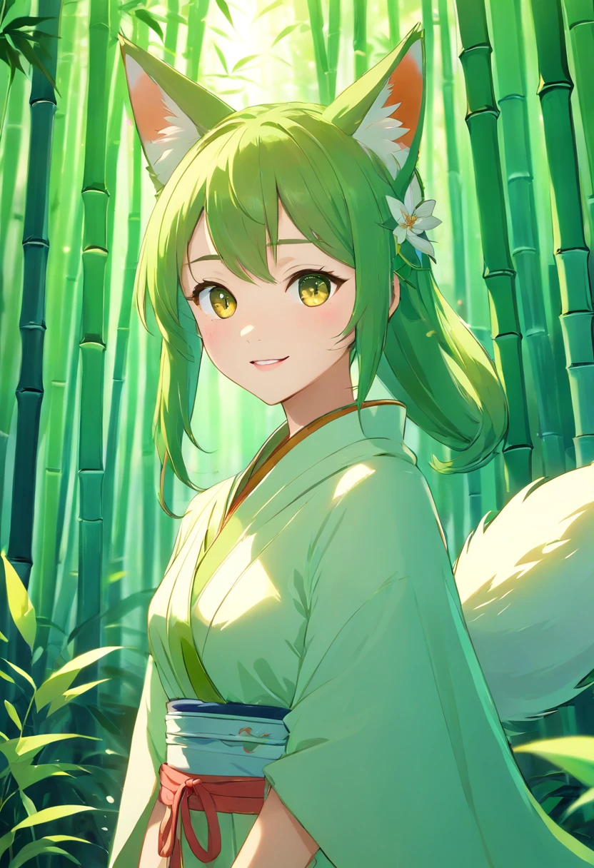 Large bamboo forest background, Beautiful Chinese wind fox fairy, Nine fox tails, Beautiful face, Glowing eyes, White Chinese traditional costume, White cape, Fox ears, half close-up, Look at the camera, Side shot, With an excited smile, style of surrealism, Very detailed, 8K resolution, rendering by octane,