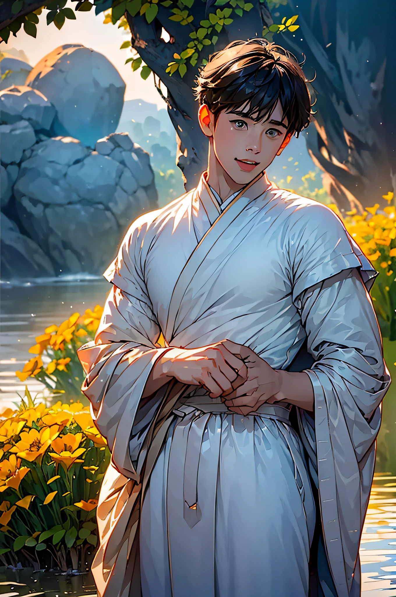 (in 8K、top-quality、masterpiece:1.2)、1 boy、short-haired、Hair short、Brown-skinned、Silver View、