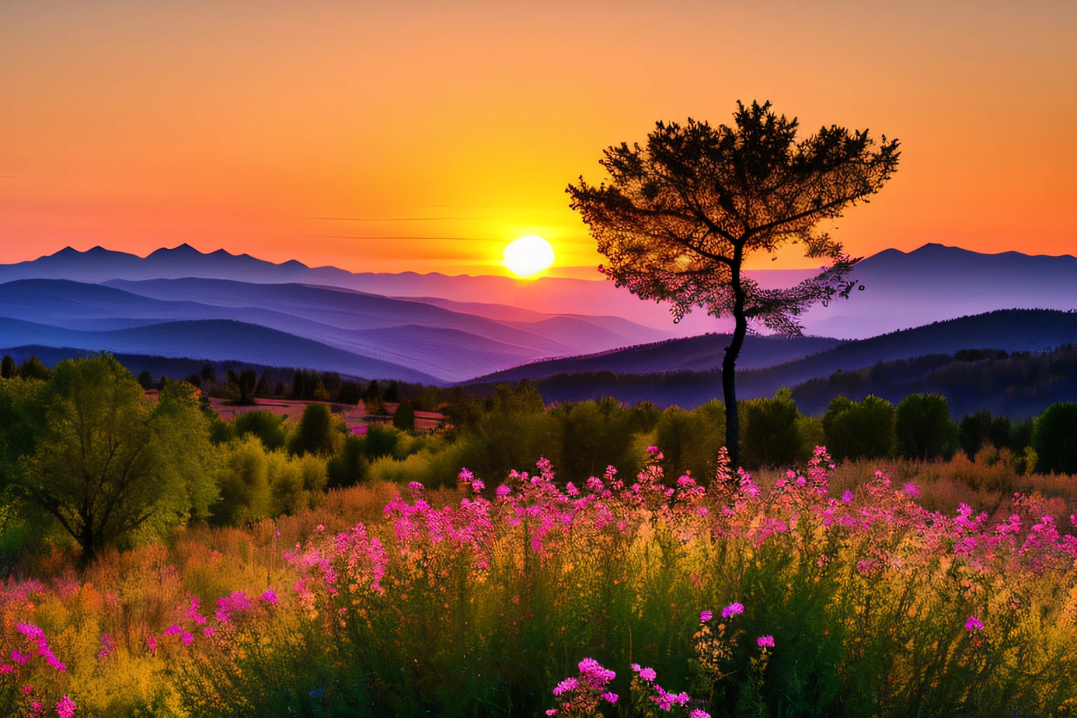 coucher du soleil, montagne, fleurs, arbres