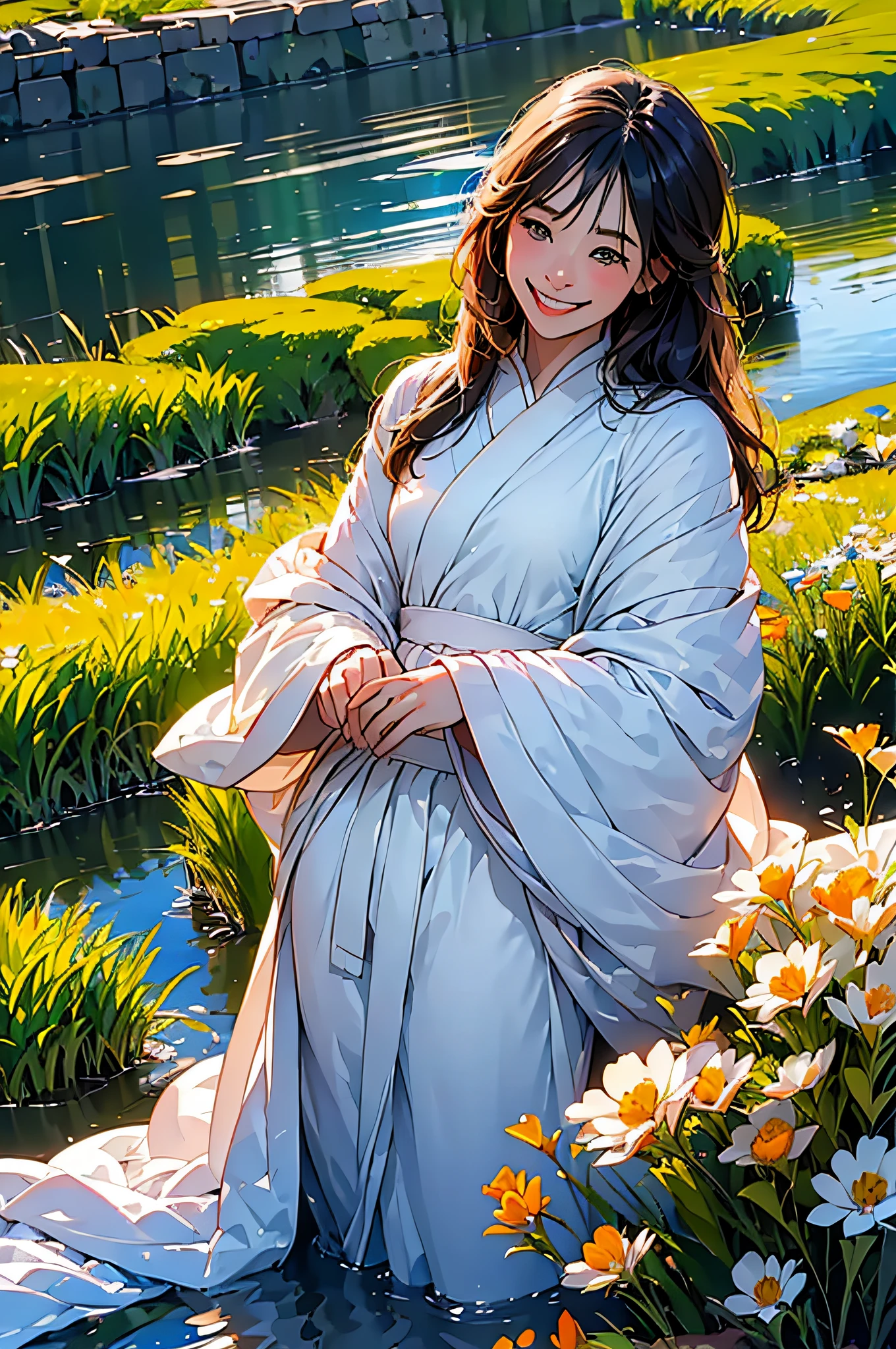 (in 8K、top-quality、masterpiece:1.2)、1人の女性、(Smiling smile:1.1)、beautidful eyes、Valley、The upper part of the body、length hair、Like a boy、Longhaire、Silver View、