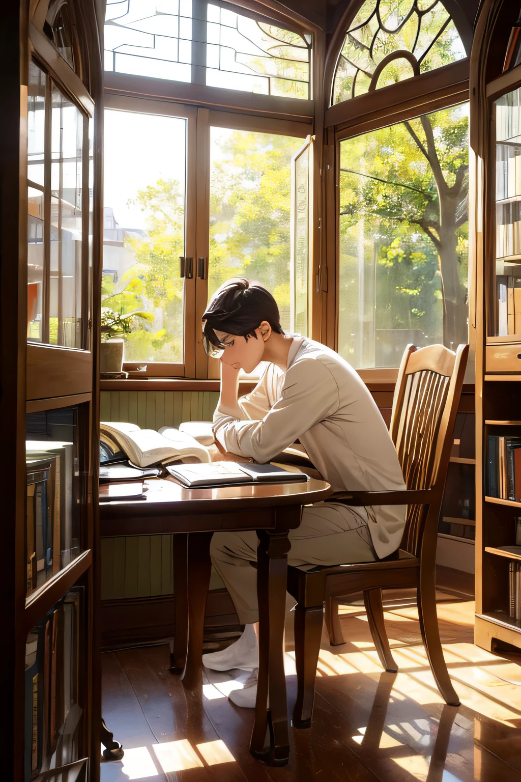 (Best Quality,animesque),Ultra-detailed,(Breakdomainrealistic),Library Scene,Boy studying,Beautiful detailed eyes,Beautiful detailed lips,extremely detailed eye and face,Gentle sunlight coming in through the window,quiet and serene atmosphere,Peaceful and focused,Books scattered on the table,soft and warm lighting,A little dusty vintage feel,Dappled sunlight passing through the leaves,Reflective surfaces,wooden furniture,Soft shadows,Quiet and comfortable environment,Vivid colors,Cozy reading corner,Curved arched doorway,Students immersed in their studies,Coexist peacefully,Harmonious and cooperative,Diverse and inclusive,Friendly and encouraging atmosphere,Cozy and comfortable chairs,peaceful silence,Whispering Conversation,Literature and knowledge,Open the window with views of nature,quiet and serene atmosphere