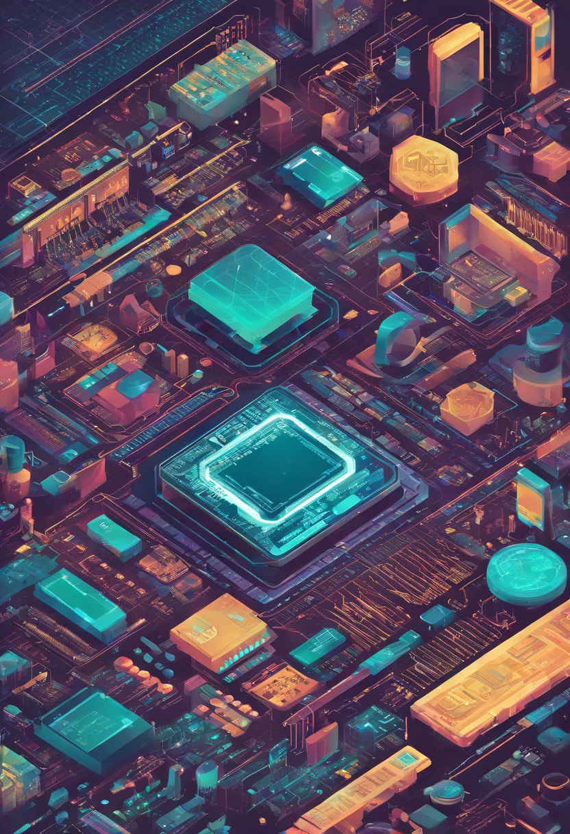 Hardware and software computer technology background. Isometric elements of development, engineering electronics systems and devices. Design, programming or coding of microcontrollers or chips, detailed