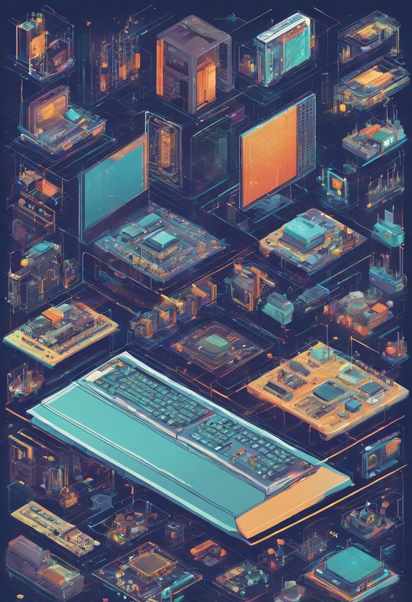 Hardware and software computer technology background. Isometric elements of development, engineering electronics systems and devices. Design, programming or coding of microcontrollers or chips, detailed
