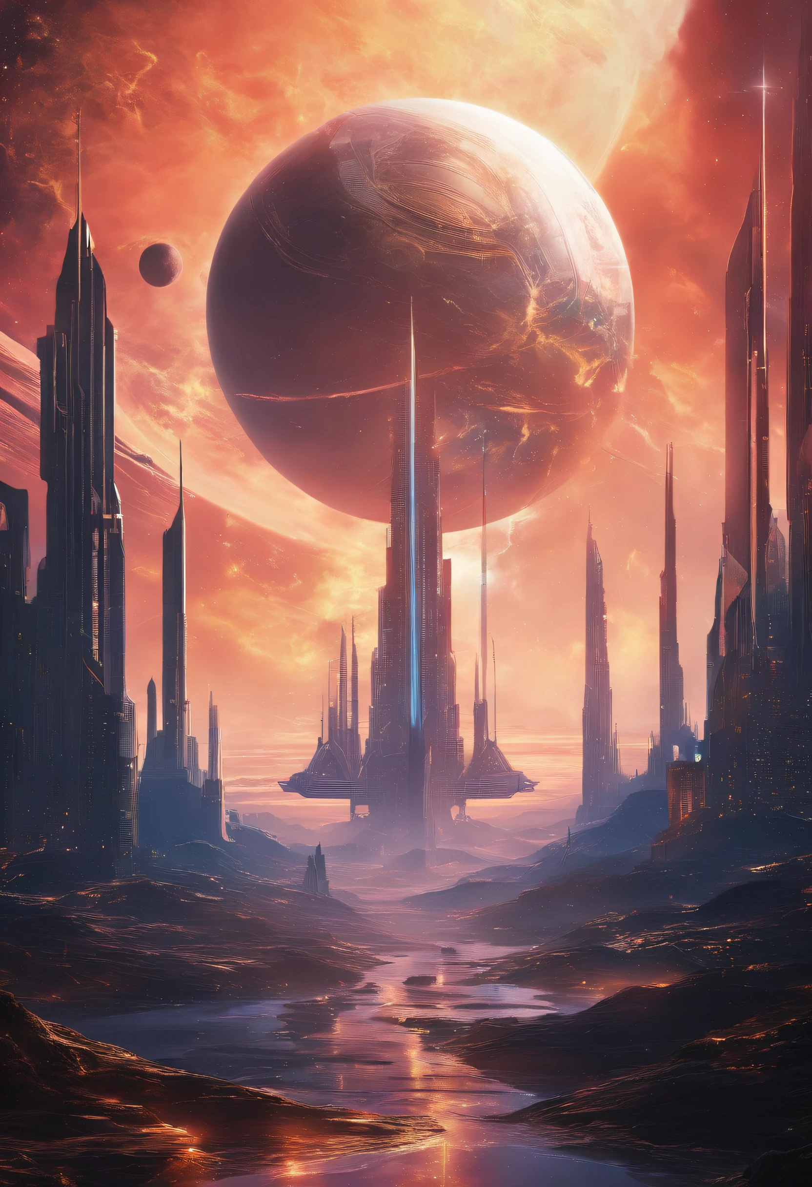kosmos,An alien giant mothership that emits golden light,super exquisite details,Aurora chase,Extreme light and shadow,Dark deep space background,Futuristic,Science fiction elements,Ultra photo realsisim,Nebula is visible,ultra-wide-angle