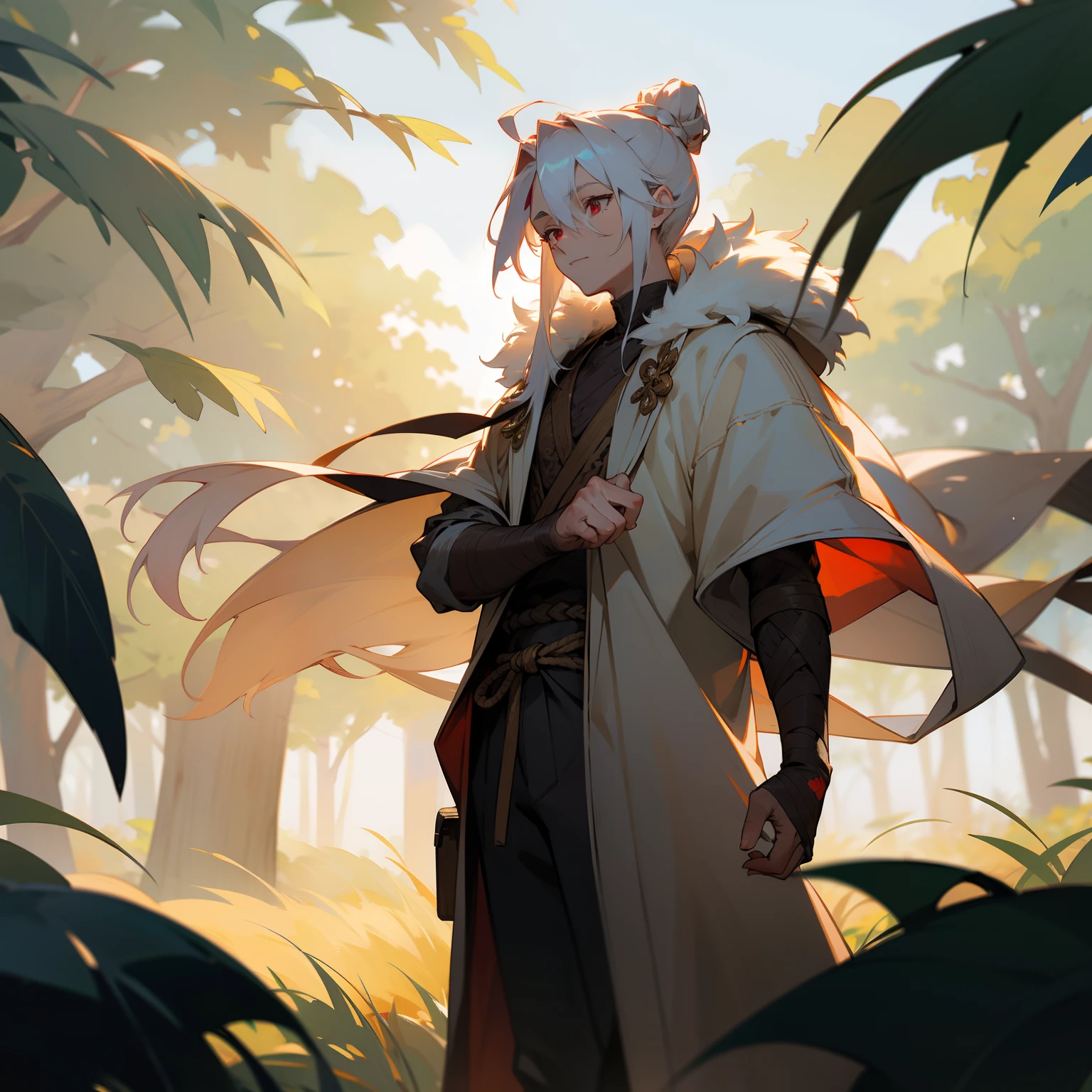 masterpiece, solo, best quality, 1 male, teen, handsome, finely detailed eyes, intricate details, casual clothes, oversized fur hood, pants, messy white hair, long length hair with man bun, complex pattern, best light and shadow, background is in a field, dappled sunlight, day, depth of field, plants, summer, colorful, artistic, depth of field, somber expression, red eyes, tan, anime, bandages wrapped around arms and hands, scars