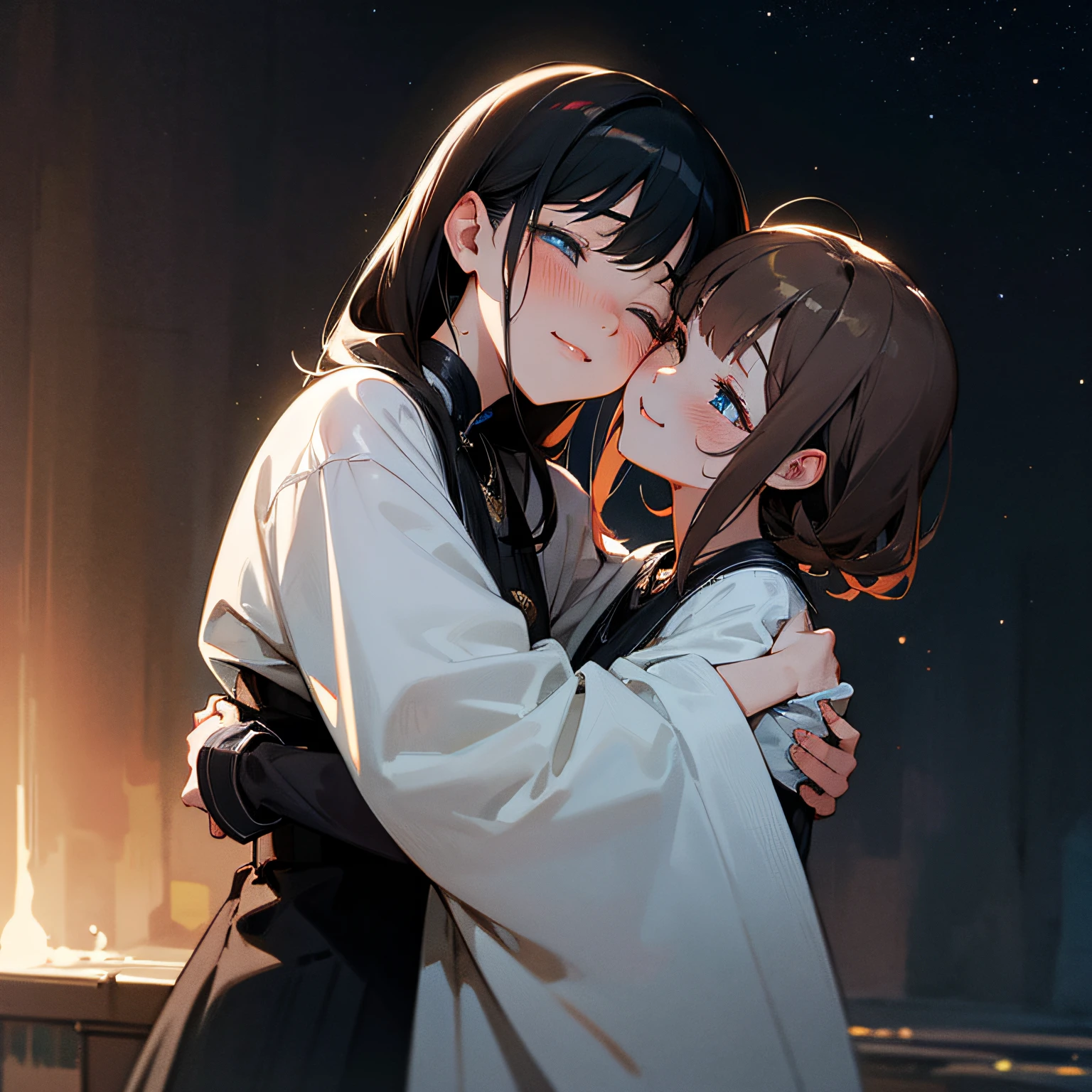 hight resolution,ultra-detailliert,Official art,Beauty and aesthetics,​masterpiece,best qualtiy,ighly detailed,Variegated,Most details、Shining eyes、Detailed eyes、face perfect、full of sweat、A dark-haired、Traditional costumes、Girl kissing with closed eyes、Hugging each other、a smile、night sky full of stars、waterface