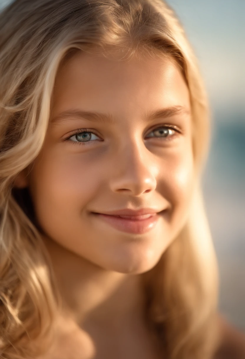 Portrait of a cute 12-year-old teenage girl with a perfect, Beautiful face, blonde hair, ealistisch, Nase, Flirting with the camera big CG, realistisch Portraitfotografie, fotorealistisch, Detaillierter Skin, Hyperrealistisch, nackt bekini am strand