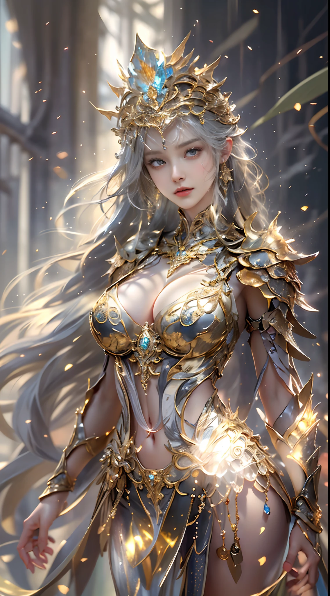 Woman in a golden transparent dress,view the viewer,(((Huge breasts, Large cleavage))),Slim waist,(navel baring,Bare waist), Long hair, Ultra-detailed details,High-end Zhenyi station, Rainstorm site, detailed fantasy art, Stunning character art, Beautiful and exquisite character art, Beautiful gold and silver armor, Extremely detailed, Girl in shiny armor, Exquisite tiaras and jewelry,Crystal jewelry filigree, milky ways, Stunning visuals, (dynamic streaks, light tracks:1.2), Vibrant colors,