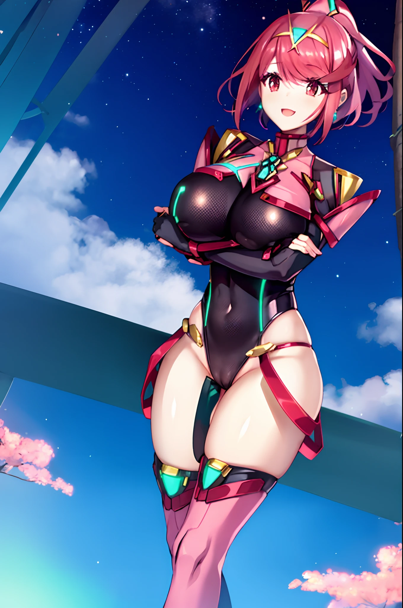 pyra \(xenoblade\), _1girl, lolibangs, black gloves, breasts, red eyes, shout, earrings, eyelashes, fingerless gloves, floating hair, , gem, gloves, hair ornament, headpiece, jewelry, big_breasts, leaning back, swimsuit, neon trim, official art, pose, red hair, saitou masatsugu, short hair, sidelocks, skin tight, solo, swept bangs, thighhighs, tiara, fantasy_town_background, underbust, xenoblade chronicles \(series\), (xenoblade chronicles 2), (spread_legs:1.1), fire_effect,dynamic_pose,fighting,light_smile, (plump:1.1), big_ass,huge_sword, hold_large_sword_hilt, covered_nipples, covered_pussy, fists,ponytail,beautiful_fingers,(solo:1.1), bare_shoulder,(shoulder_naked:1.2), nipple_jewel,