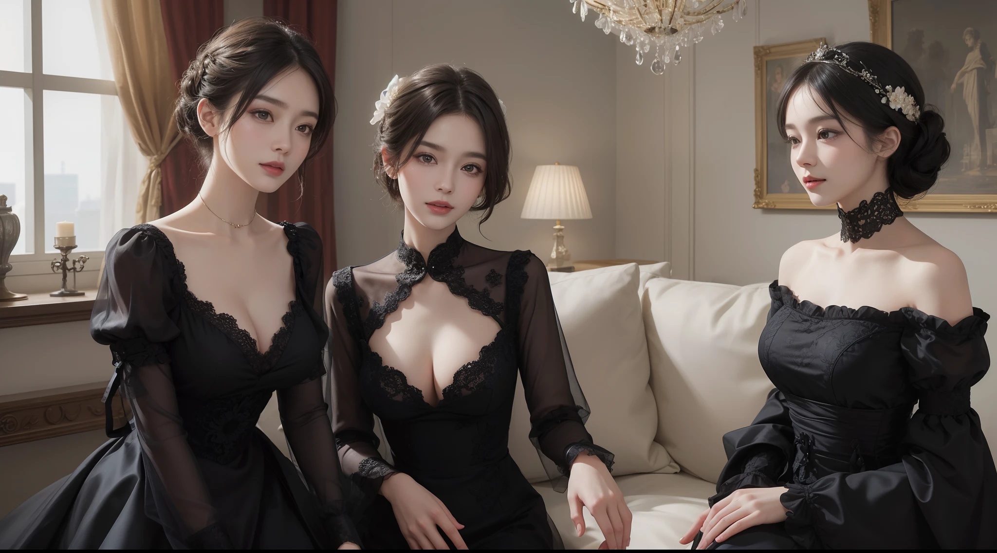 ((Best Quality))), (8K picture quality), ((Masterpiece)), (Very sophisticated、Beautiful fece), (wearing dresses) , (1womanl), (black-short-hair), Dress up, with floral pattern, Soft silk fabric, 电影灯光, Gentle facial expressions, (A slight smil:1.3), ((lightand shade contrast)), Luxurious interior windowsill, ((breast)), Large dogs