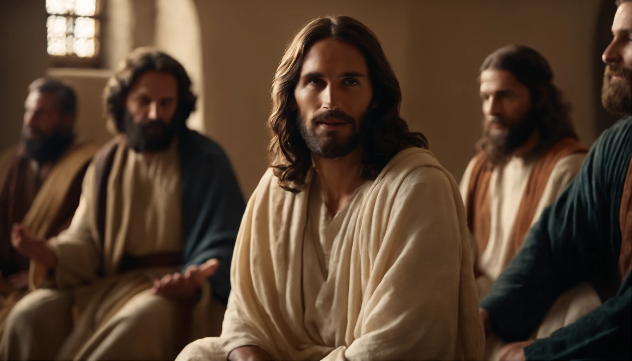 Jesus Christ seated among His disciples speaking of the Beatitudes,