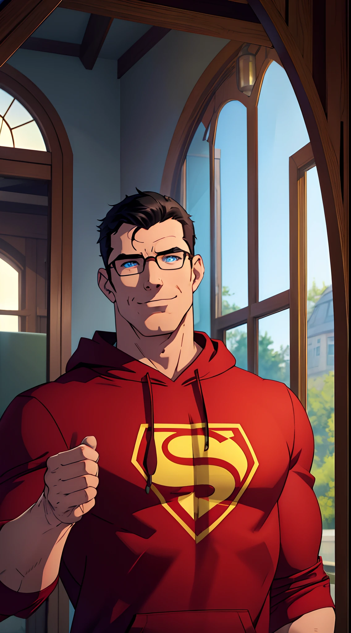 1 man, solo, Clark Kent , muscular male, tall, daddy, macho, large pectorals, male focus, middle-aged man, glasses, black hair, short hair, a strand of hair on forehead, blue eyes, smiling, face focus, red hoodie, upper body shot, countryside, indoors, ((masterpiece))