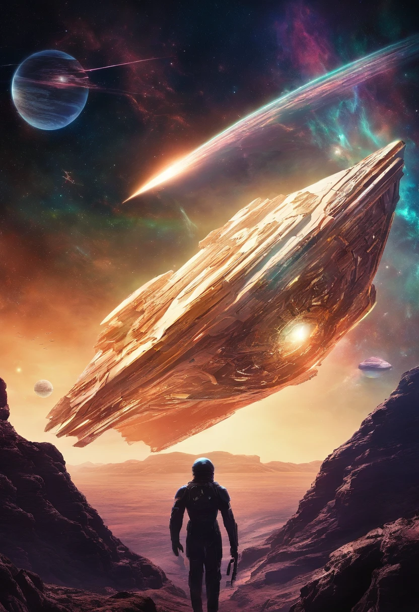 kosmos,An alien giant mothership that emits golden light,super exquisite details,Aurora chase,Extreme light and shadow,Dark space background,Futuristic,Science fiction elements,Ultra photo realsisim,Barren planet,ultra-wide-angle,No man's deep space,star war,Laser cannon,Epic space wars,Cinematic lighting effects,filmposter