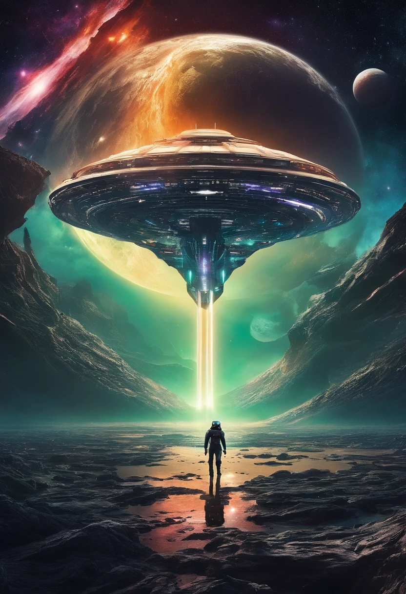 kosmos,An alien giant mothership that emits golden light,super exquisite details,Aurora chase,Extreme light and shadow,Dark space background,Futuristic,Science fiction elements,Ultra photo realsisim,Barren planet,ultra-wide-angle,No man's deep space,star war,Laser cannon,Epic space wars,Cinematic lighting effects,filmposter