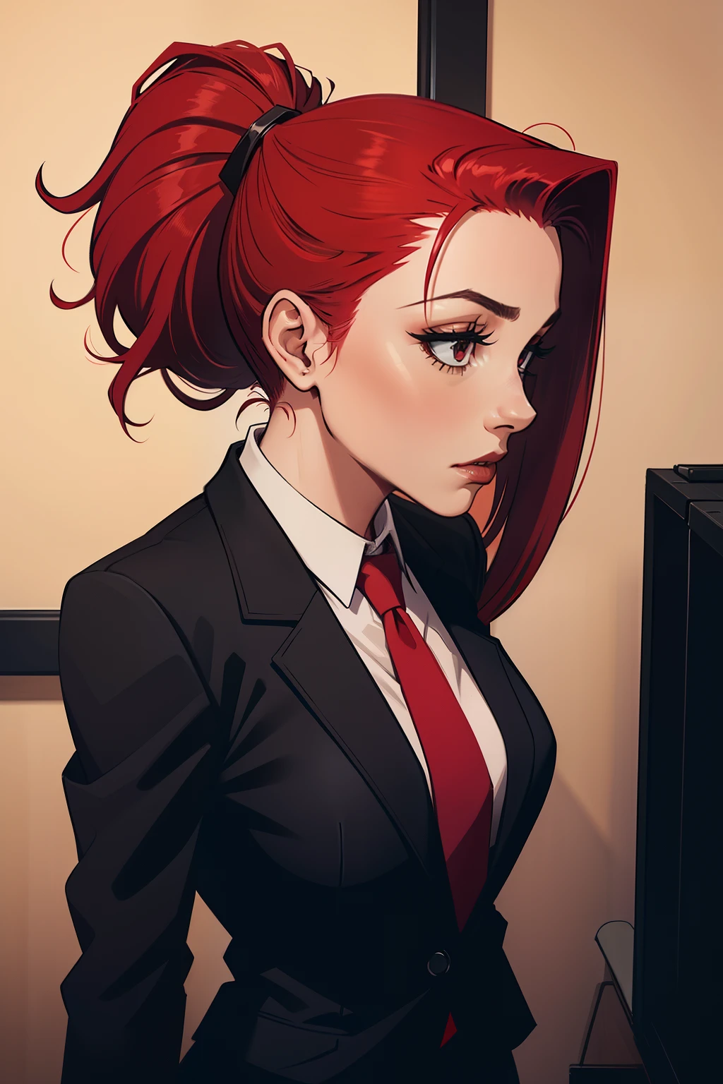 woman, red ponytail hair, wearing a black office suit, red tie,black office skirt, talking, no background