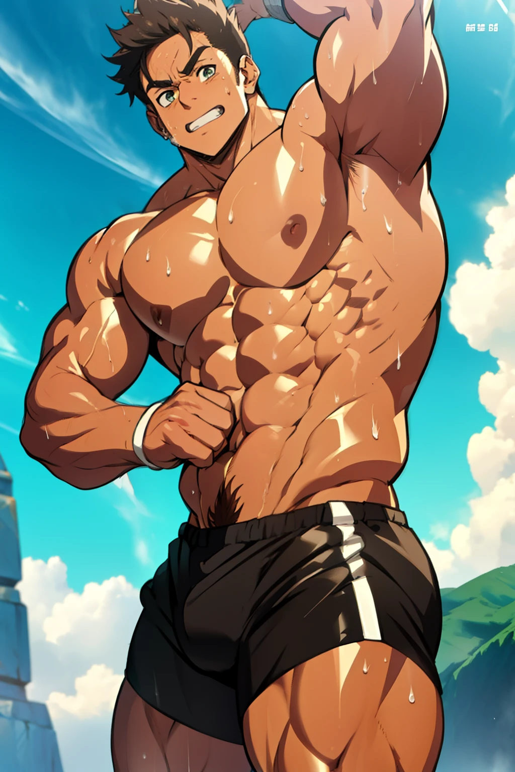 ( Huge and muscular thigh muscles) lots of sweat flowing down, topless, sunny, shiny skin, tanned skin,bodybuilder, huge body,huge, sexy muscular body,super giant body, muscles exploding and muscular,huge, muscular chest muscles, huge, muscular biceps,cute face