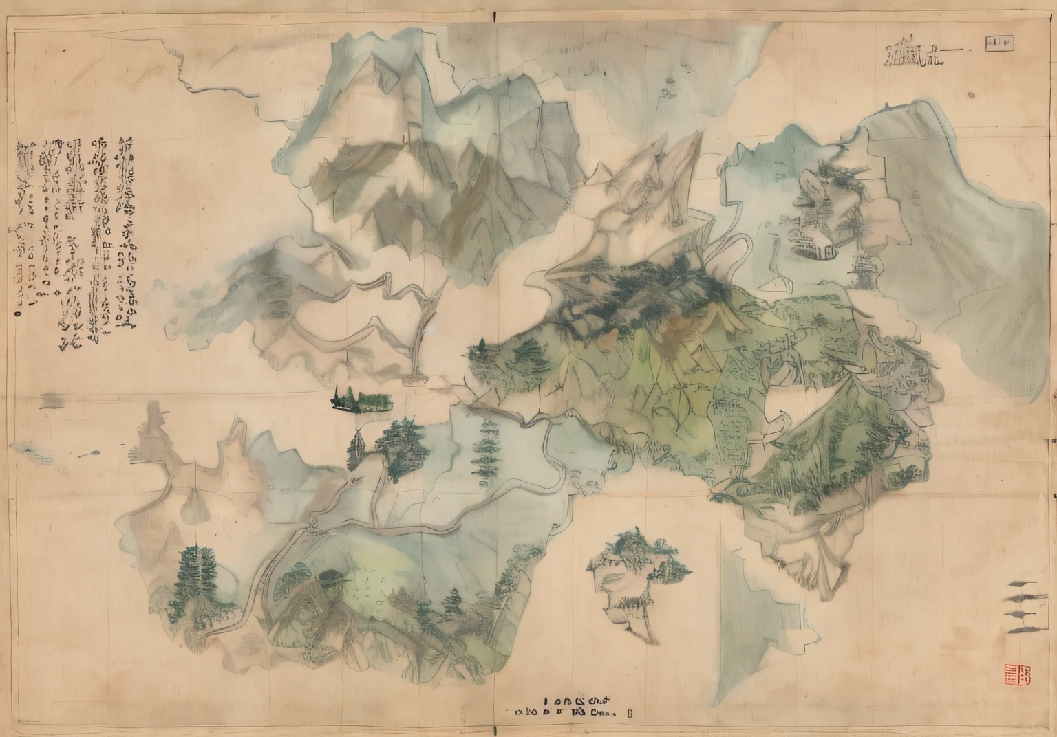 Drawing of a map of mountains，One of the rivers runs through it, based on geographical map, game map matte painting, highly detailed map, Fantasy map, Map of Patryne, Detailed fantasy map, map cartography, D&D style fantasy map design, Game map, inspired by Huang Binhong, Fantasy cartography, Cartographic, Fantasy map, mythological map