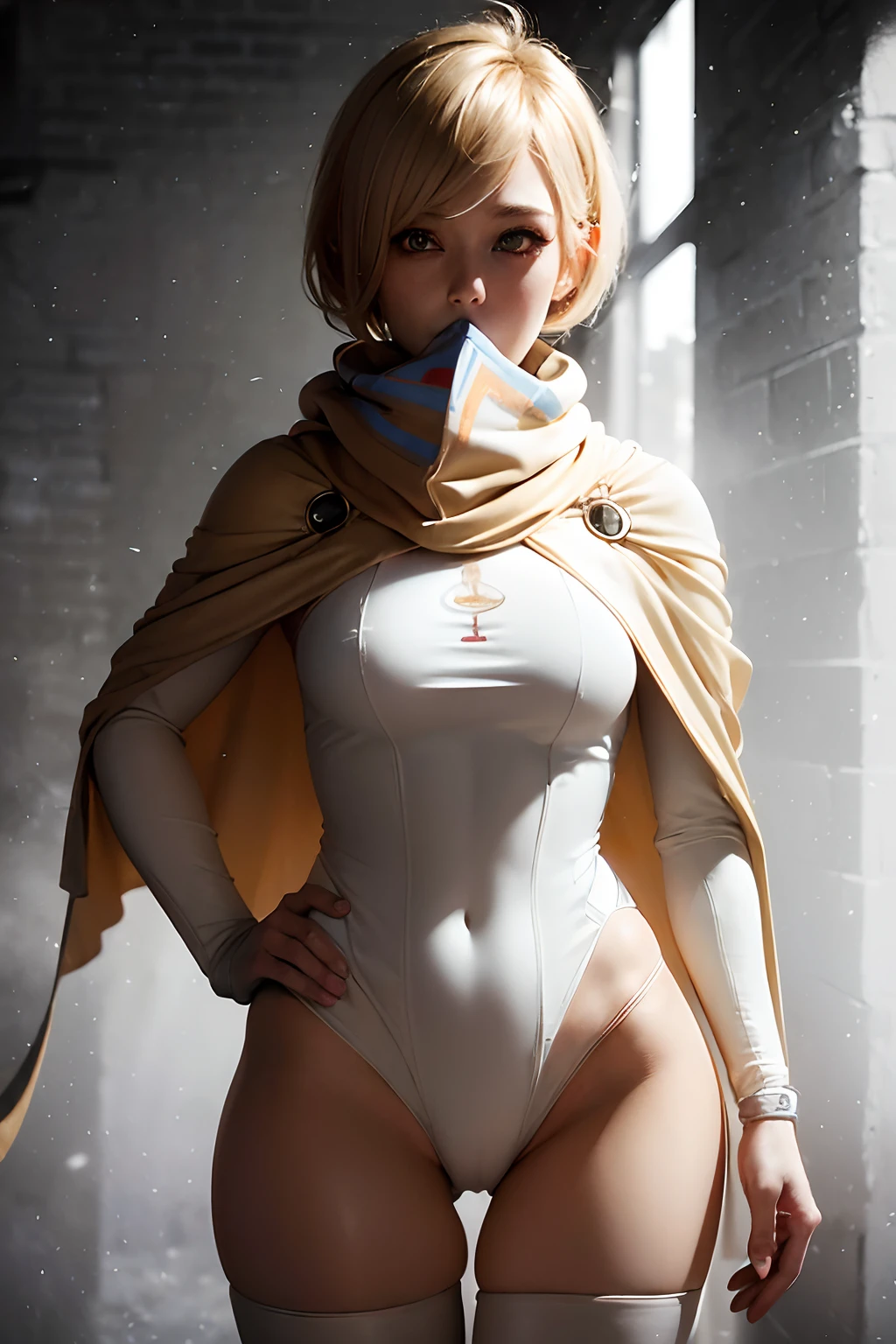 Bust ((half body)) (masterpiece), best quality, hyperrealistic masterpiece, superheroine girl ((mech sci-fi aesthetic style)) in extremely detailed tech tight plugsuit, frostpunk style ((with high scarf to the mouth & white cape)), cinematic illumination: 8k, (((short blonde hair)))