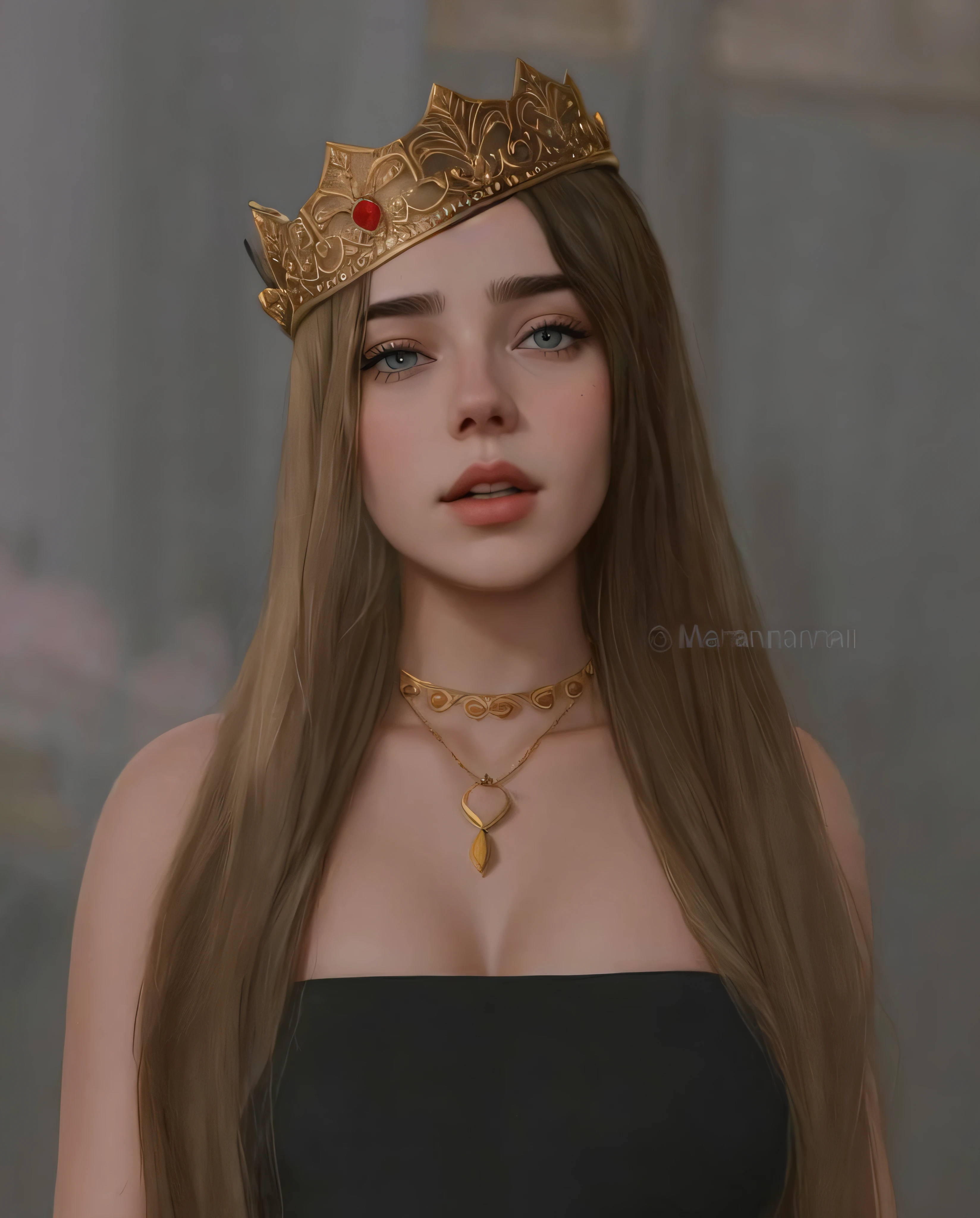 um close up de uma mulher usando uma coroa e um colar, vestido como uma rainha, Linda rainha, arya stark as venus, arte digital. @mariomaniacdude, Billie Eilish como Loki Feminina, princesa medieval, Anya Taylor - Rainha Vampira da Alegria, como um personagem de fantasia medieval, ((uma bela imperatriz fantasia)), uma rainha elfa