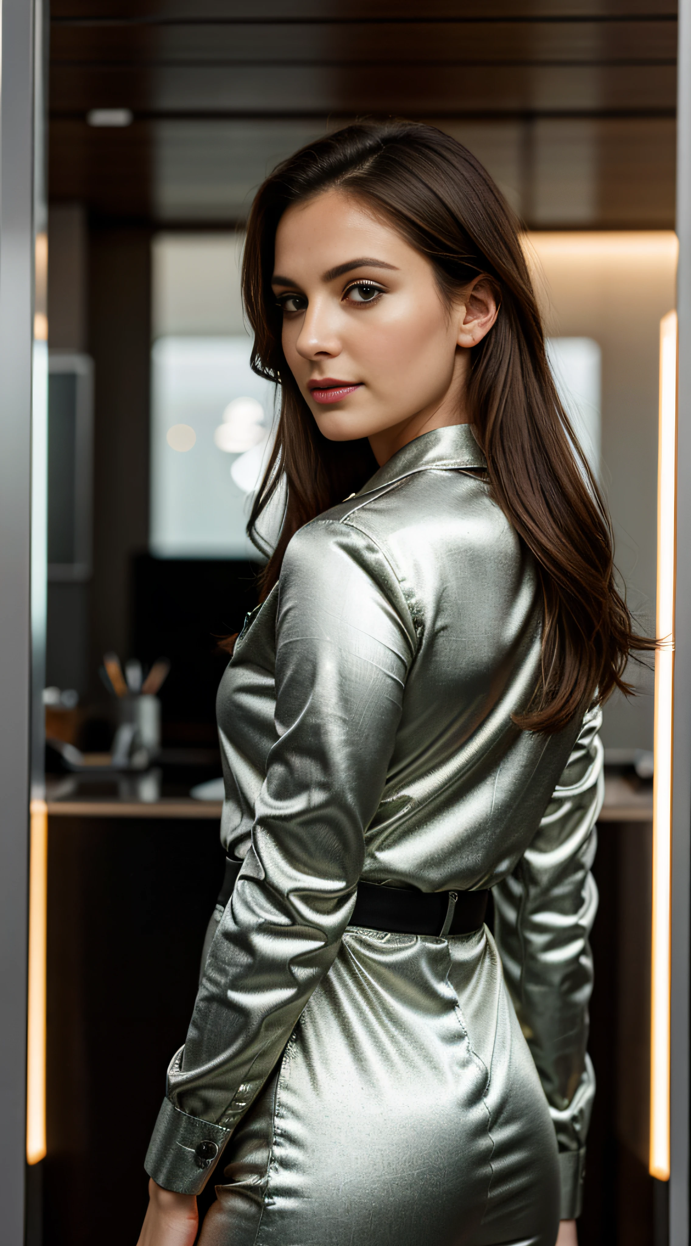 Mature Woman, 30 years old, Brown hair, European Woman, Full body in the photo, multiple views, zoomout, Serious, Beautiful, Cool, Realistic hair, Green eyes, Inconspicuous pose, European Eyes, Medium structure, Medium round buttocks,wearing a suits, Modern Office, Cover bar, masutepiece, 超A high resolution, (Photorealistic: 1.2), Raw photo, A hyper-realistic, Detailed background, refined, Detailed, Realistic face, Detailed face, Realistic skin, (Raw photo, Best Quality), Extremely detailed, nffsw, unit, amazing, Fine details, lightsmile, Highly detailed ejector 8k wallpaper unit, Huge file size, Ultra-detailed, hight resolution, absurderes, Soft light, Half body, Photos without backgrounds
