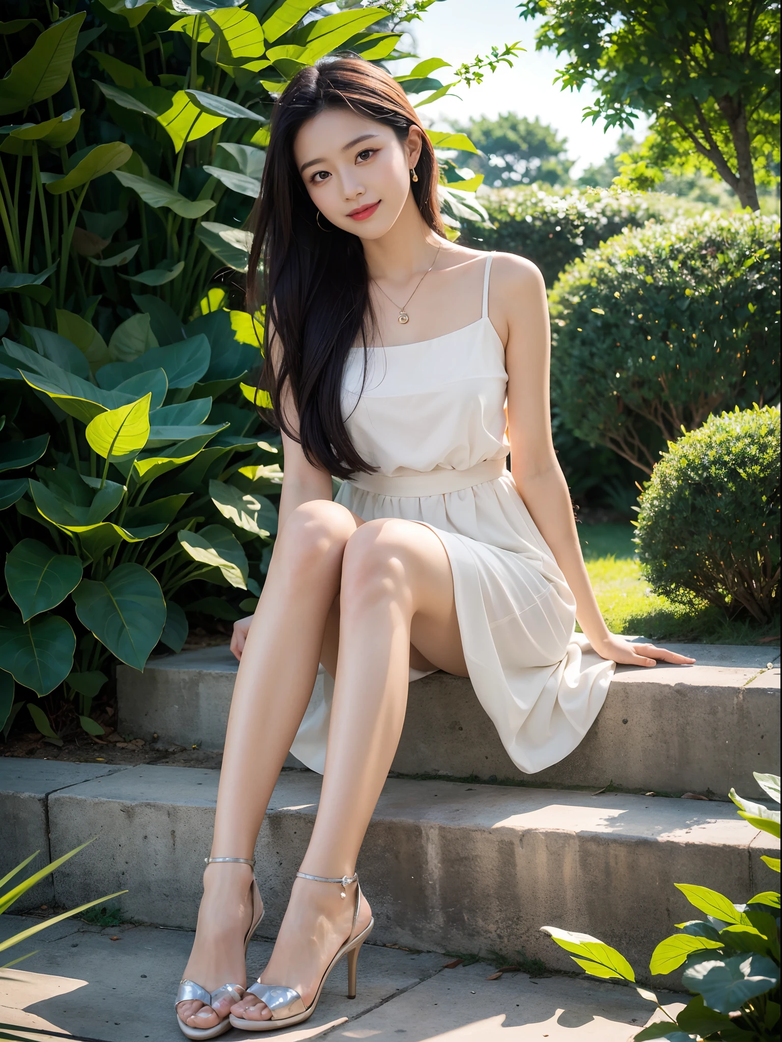 (black pantyhoses),Masterpiece, Best quality,8K, 超高分辨率,Reallightandshadow,Cinema lenses,(beautidful eyes:1.1), ((中景 the scene is,The upper part of the body)),dynamicposes,On a green meadow,The gentle goddess came with gentle steps。She wore a white dress,A gentle breeze blows,The skirt dances lightly。The sun shone through the leaves in her hair,Reflecting her clear eyes and gentle smile。Colorful butterflies flutter around her,Flowers bloomed at her feet,It was as if nature was cheering for her。