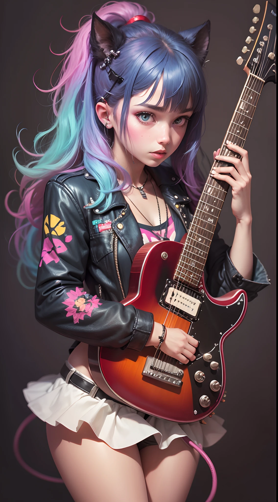 sportrait,1girll,guitar,Psychedelic punk style,extremely colorful,trending on artstationh,