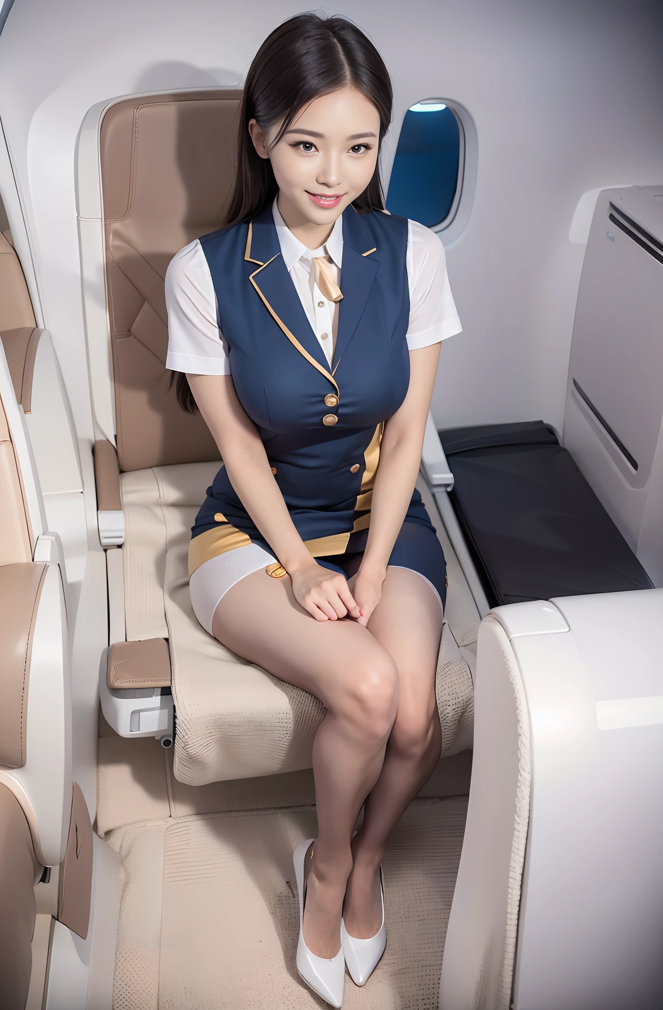 Beautiful flight attendant in the seat of the plane，Super beautiful，perfect bodies，Meticulous beautiful flight attendant outfit，Smile sweetly，Beautiful stockings，Beautiful high heels，Super realistic detailed costumes，fully body photo