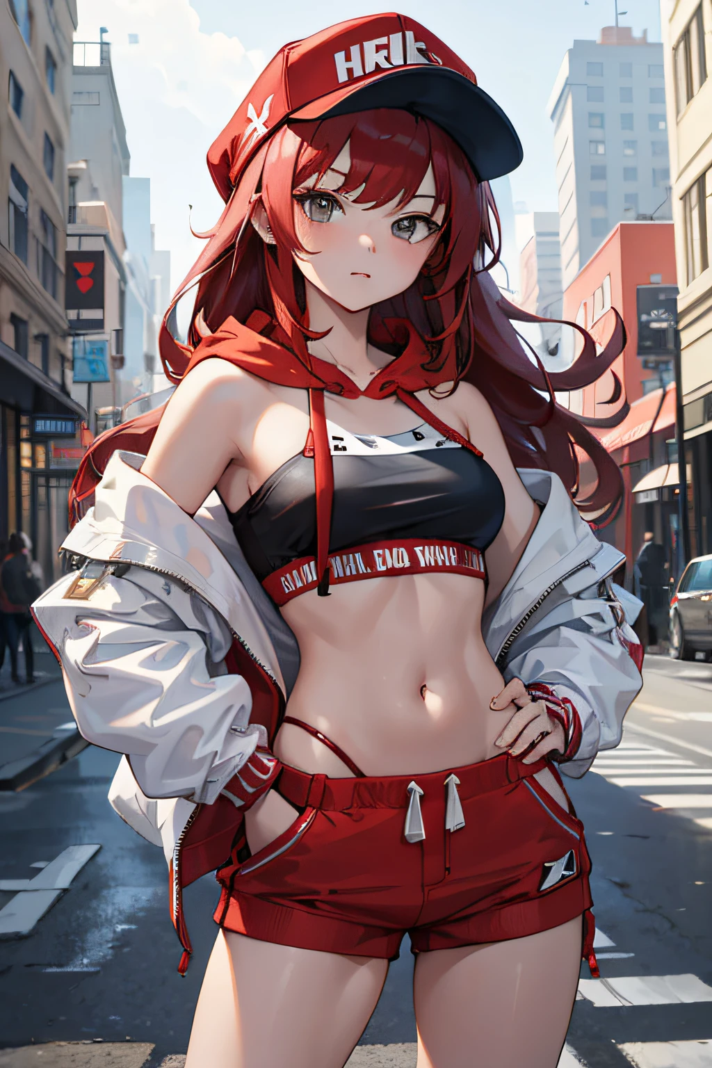 masterpiece,1girl,solo,long hair,bikini,
Red hair,hoodie,off shoulder:1.2, mob cap, street,hand on hip, hand in pocket,