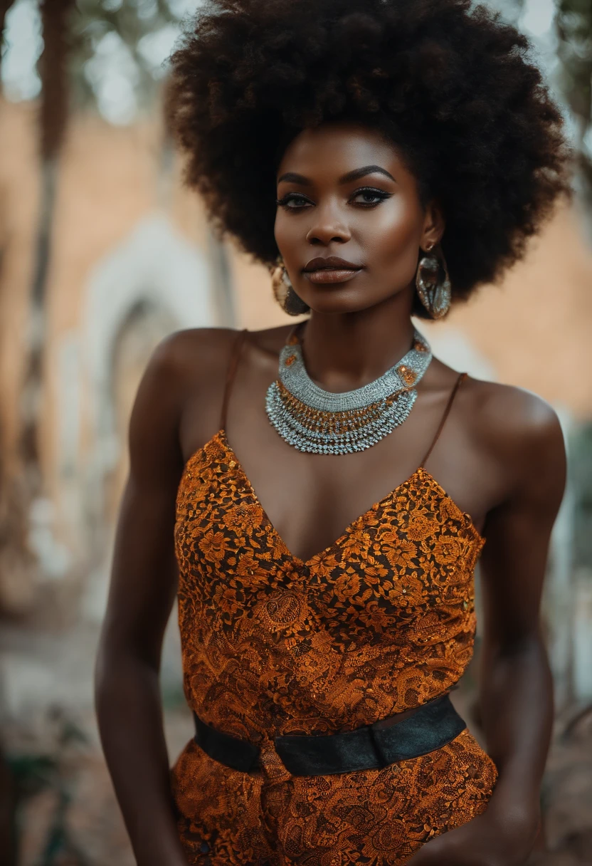 Mulher negra com olhar marcante cabelo curto raspado dos lados colares africanos olhado pra mim