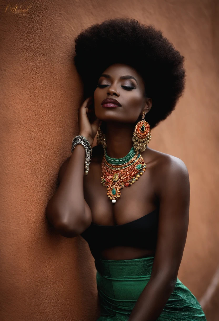Mulher negra com olhar marcante cabelo curto raspado dos lados colares africanos olhado pra mim