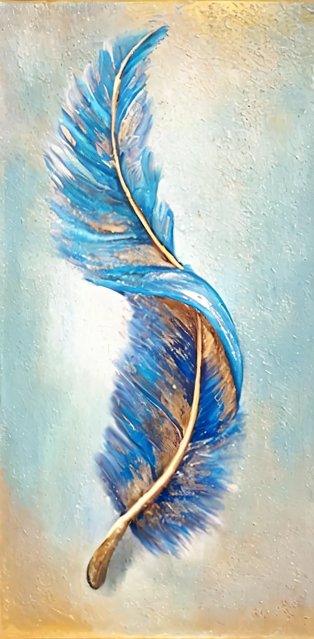 pintura de uma pena azul com uma ponta de ouro, pena macia, pena bonita, pena real, pena, brushstroke oil painting, Penas azuis, ntricate oil painting, acrylic art, eagle feather, pena, high detail oil painting, brushstrokes oil painting, Penas douradas, Penas bonitas, emplumado, Pintura em tela, Penas detalhadas, pintura em folha de ouro