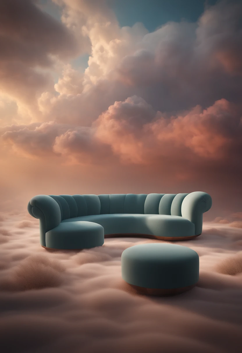 (best quality,4k,8k,highres,masterpiece:1.2),(((cloud-shaped furniture))),(soft),totally in the sky,soft lighting,multicolored clouds,ethereal,gentle lighting,tranquil landscape,serene atmosphere,vibrant colors,hazy feeling