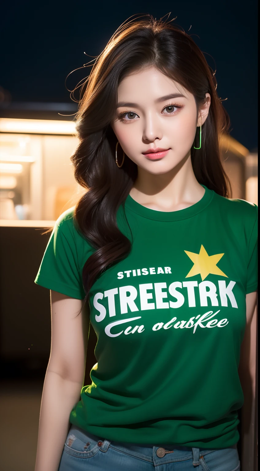 realistic photos of 1 cute Korean star, streaked hair, white skin, thin makeup, 32 inch breasts size, wearing green t-shirt, coffee truck is backdrop, night, upper body portrait, sparkle, UHD