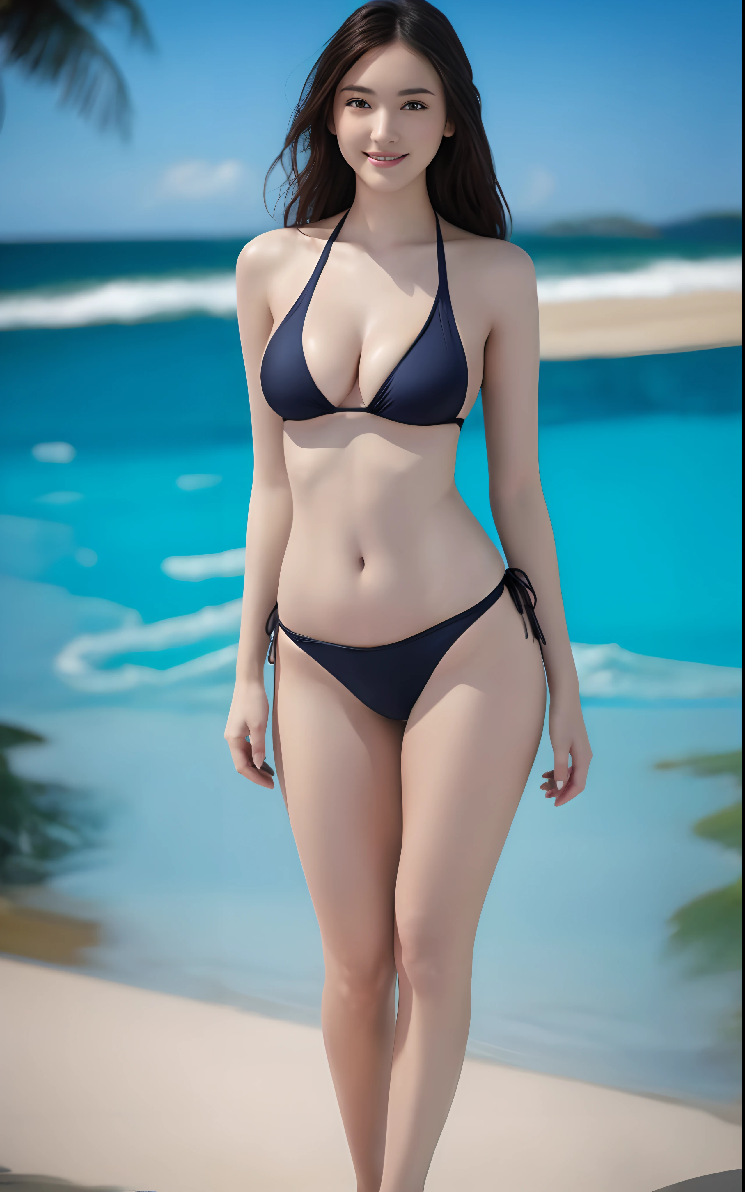 16k, ultra high res, best quality, high quality, masterpiece:1.3), (a professional photo of girl), RAW photo, realistic illustration, (ultra detailed eyes and face), (ultra detailed beautiful skin), (full body shot), elegant sleek smooth body, sultry body, perfect body, attractive body, photorealistic perfect body, Petite facial features, Super Detail Beautiful Natural Skin, natural makeup, narrow waist, ((slender)), (wide hips), cleavage, she is very sexy, she is cute and beautiful, woman in a high leg one piece swimsuit standing in the surf on a sunny day, in high leg one piece swimsuit, is wearing a high leg one piece swimsuit, swimsuit model, widest hips, skinny waist and thick hips, in a swimsuit, curvy figure, gorgeous swimsuit model, running on a beach with the ocean, wearing a high leg one piece swimsuit, attractive body, posing on the beach, curvy model, smile, (full body shot), ((slender)),