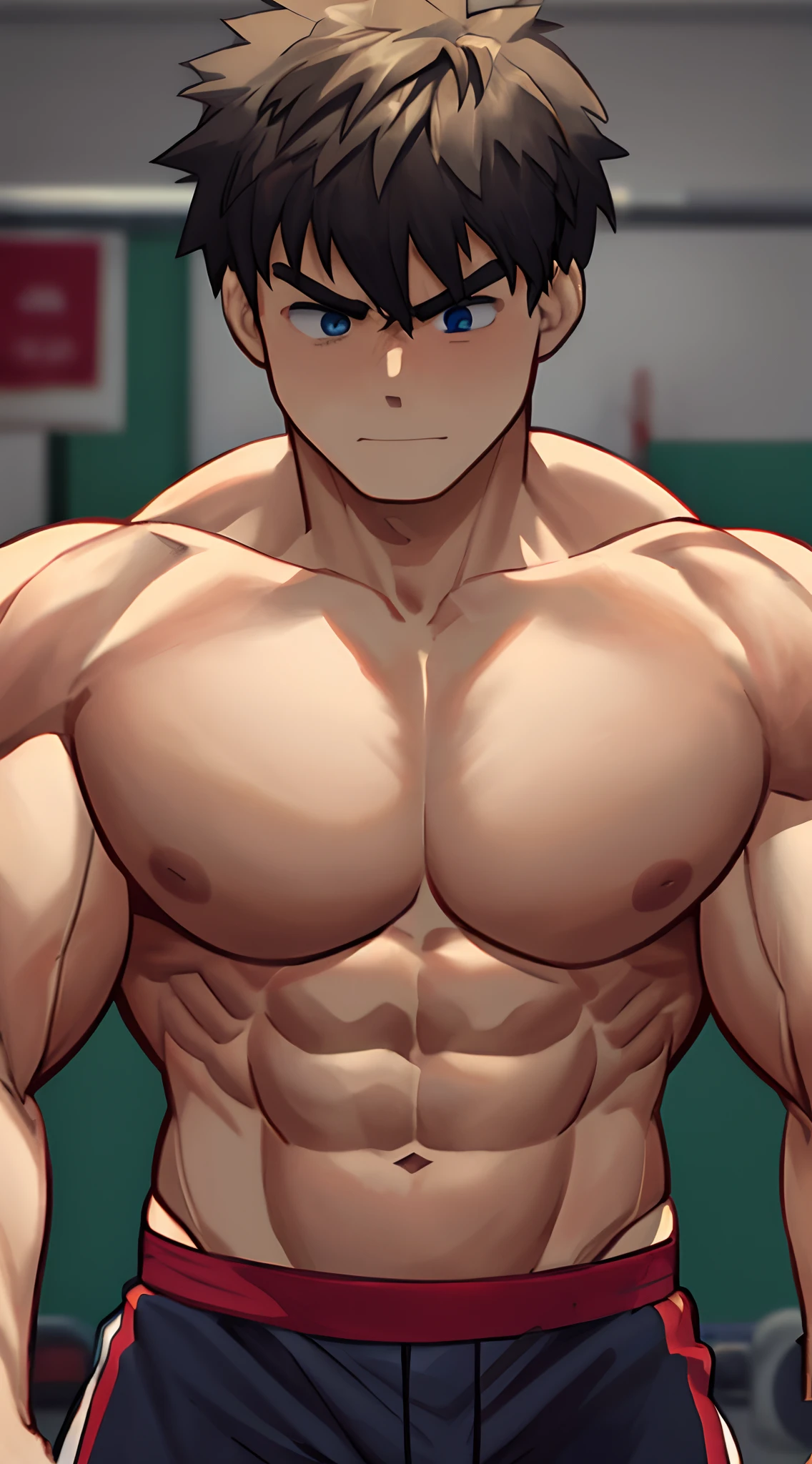anime characters hugging each other in a gym room, muscular!!, muscular characters, muscular!!!, super buff and cool, muscular bodies, muscular!, strong arms, bursting with muscles, muscular build, big arms, strong and muscular, muscular!!, big muscles, huge biceps, huge muscles, bulging muscles, blue eyes, red hair