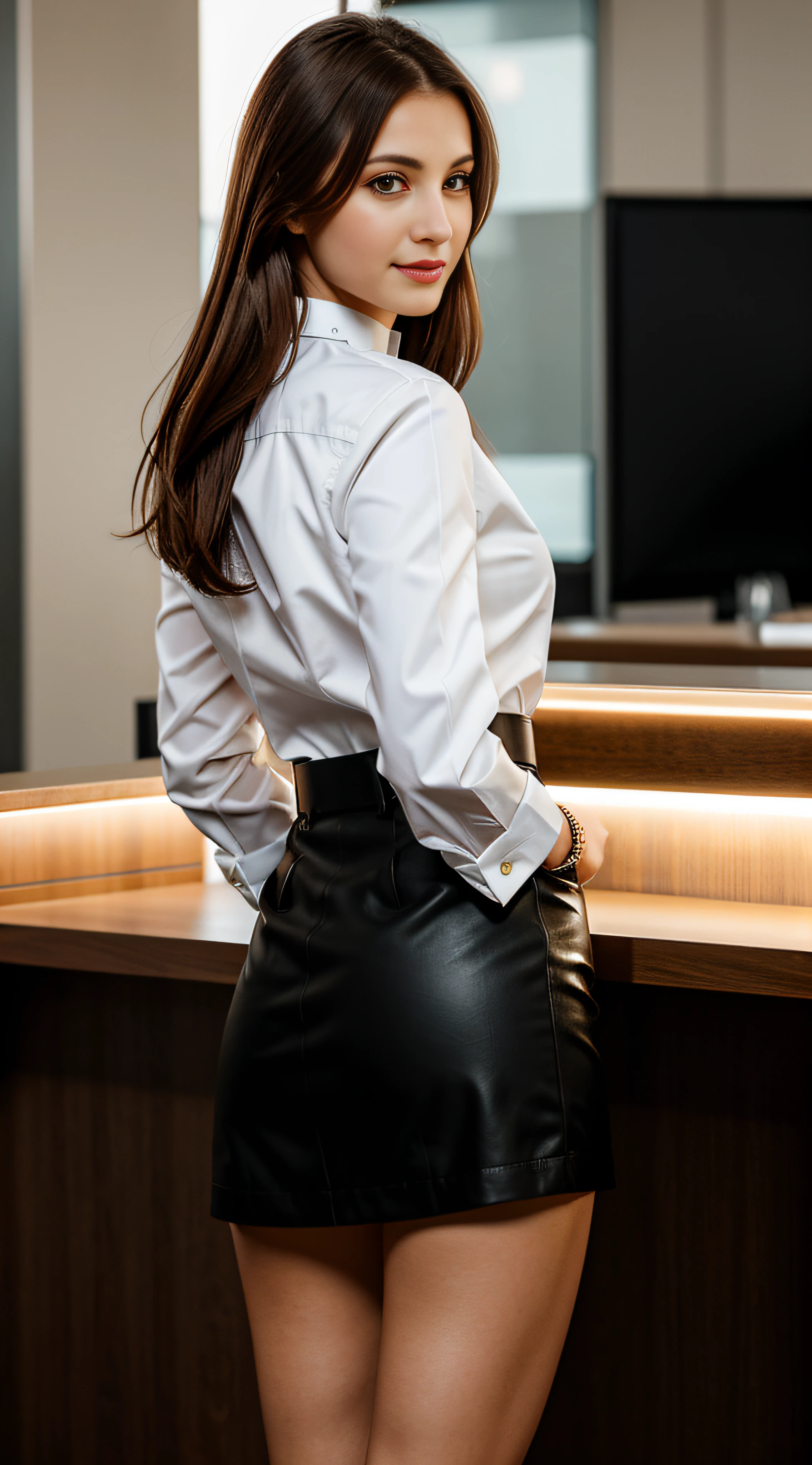 Mature Woman, 30 years old, Brown hair, European Woman, Full body in the photo, multiple views, zoomout, Serious, Beautiful, Cool, Realistic hair, Green eyes, Inconspicuous pose, European Eyes, Medium structure, Medium round buttocks、(Collar shirt:1.1)、Black and white business clothes、Business Dress, Modern Office, Cover bar, masutepiece, 超A high resolution, (Photorealistic: 1.2), Raw photo, A hyper-realistic, Detailed background, refined, Detailed, Realistic face, Detailed face, Realistic skin, (Raw photo, Best Quality), Extremely detailed, nffsw, unit, amazing, Fine details, lightsmile, Highly detailed ejector 8k wallpaper unit, Huge file size, Ultra-detailed, hight resolution, absurderes, Soft light, Half body, Photos without backgrounds