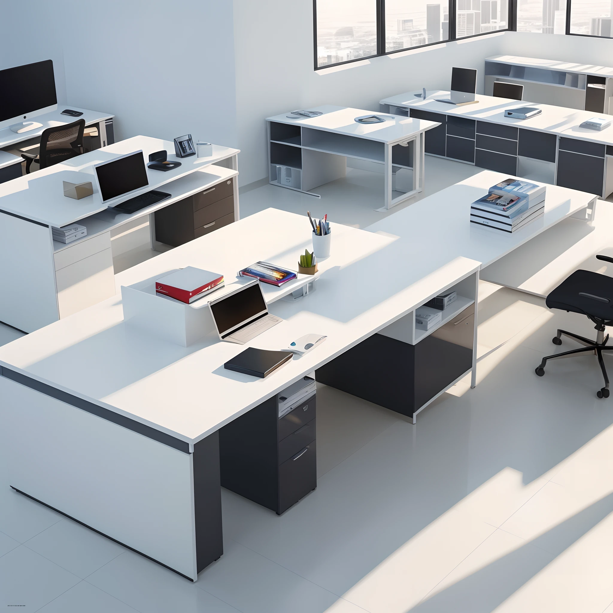 tmasterpiece,office space,Office desk,NOhumans,Bright space,(above shot:1.5),(Hyper-realistic:1.3)