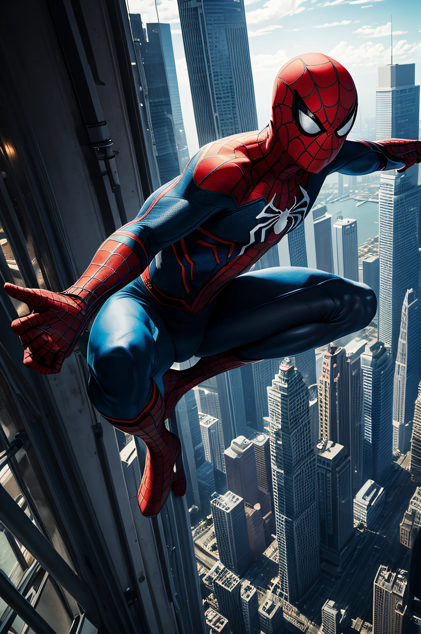 symple background、City view from above、spider-man、full bodyesbian、Sleeping Pose、Looking here, Red and light blue full-body tights、spider-man、dive、Arms behind the head、Best shot from above、A futuristic, Anime, reflective light, nffsw, masutepiece, Best Quality, hight resolution, surrealism, Backlighting, Cowboy Shot, High quality