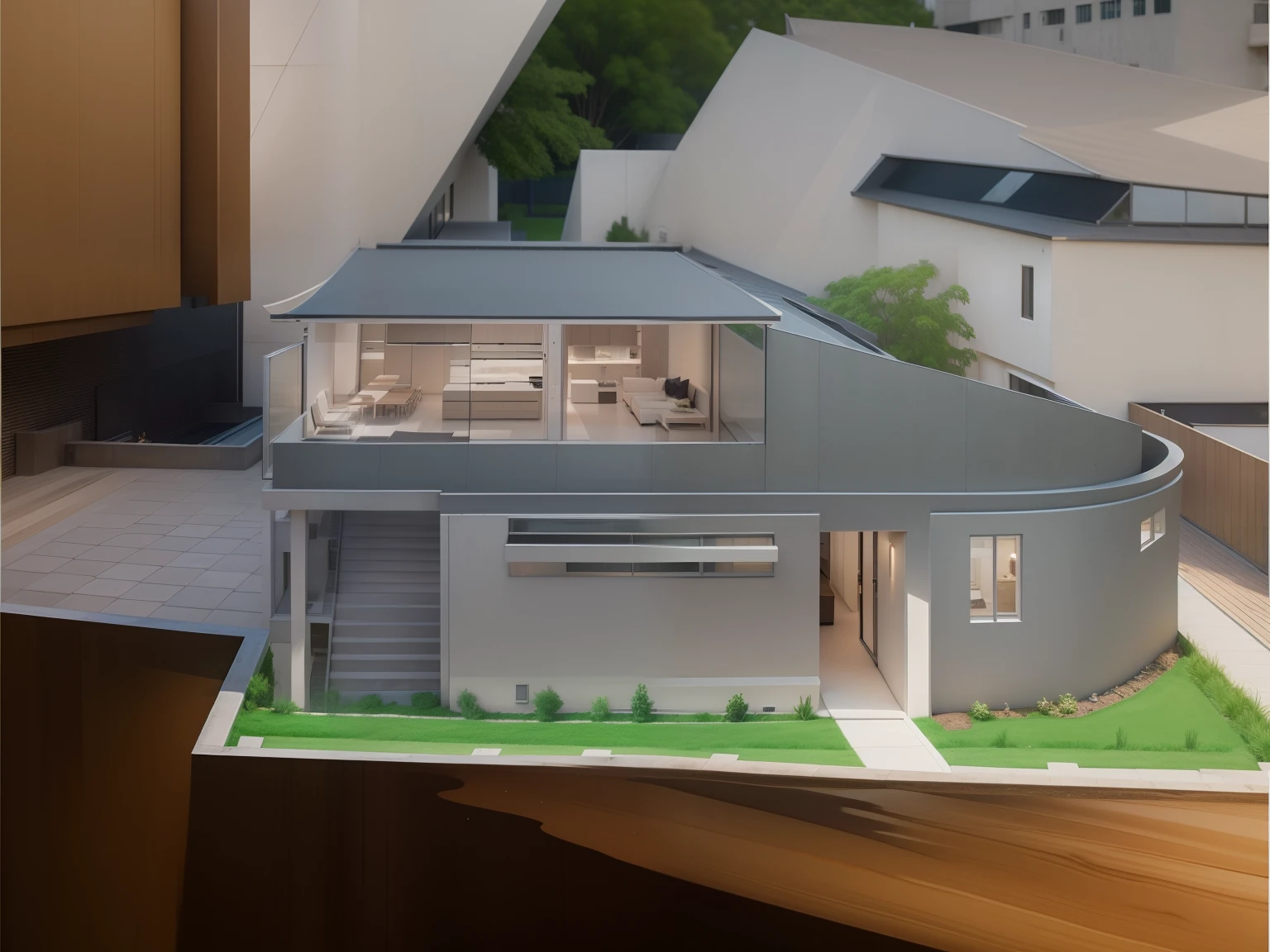 (Best Quality,4K,8K,hight resolution,masutepiece:1.2),Ultra-detailed,(Realistic,Photorealistic,Photorealsitic:1.37),Futuristic contemporary home, Dark concrete finish, Outside view, sleek design, Large floor-to-ceiling windows, a panoramic view, Shiny metal elements, Minimalist architecture, Sharp edges, Clean lines, Geometric shapes, Seamless integration with the environment, Architecture with courtyard, nature environment, Bright blue sky, and abundant natural light, Warm golden sunshine, dynamic compositions, High-tech materials, polished surfaces, The opening is glass, Sophisticated lighting, Dramatic shadows, Impeccable craftsmanship, Luxurious atmosphere, Invitation Entrance, Grand Entrance Door, wide々and open layouts, On the right is the outdoor terrace, Comfortable outdoor seating, Stylish outdoor furniture, The perfect balance between simplicity and elegance, striking contrast, Minimalistic color palette, Monochrome tone, Bold accents, Cutting-edge technology, Smart Home Systems, State-of-the-art appliances, evocative atmosphere, Contemporary Art Works, A harmonious blend of nature and modernity, Quiet and cozy atmosphere.The roof is wood grain