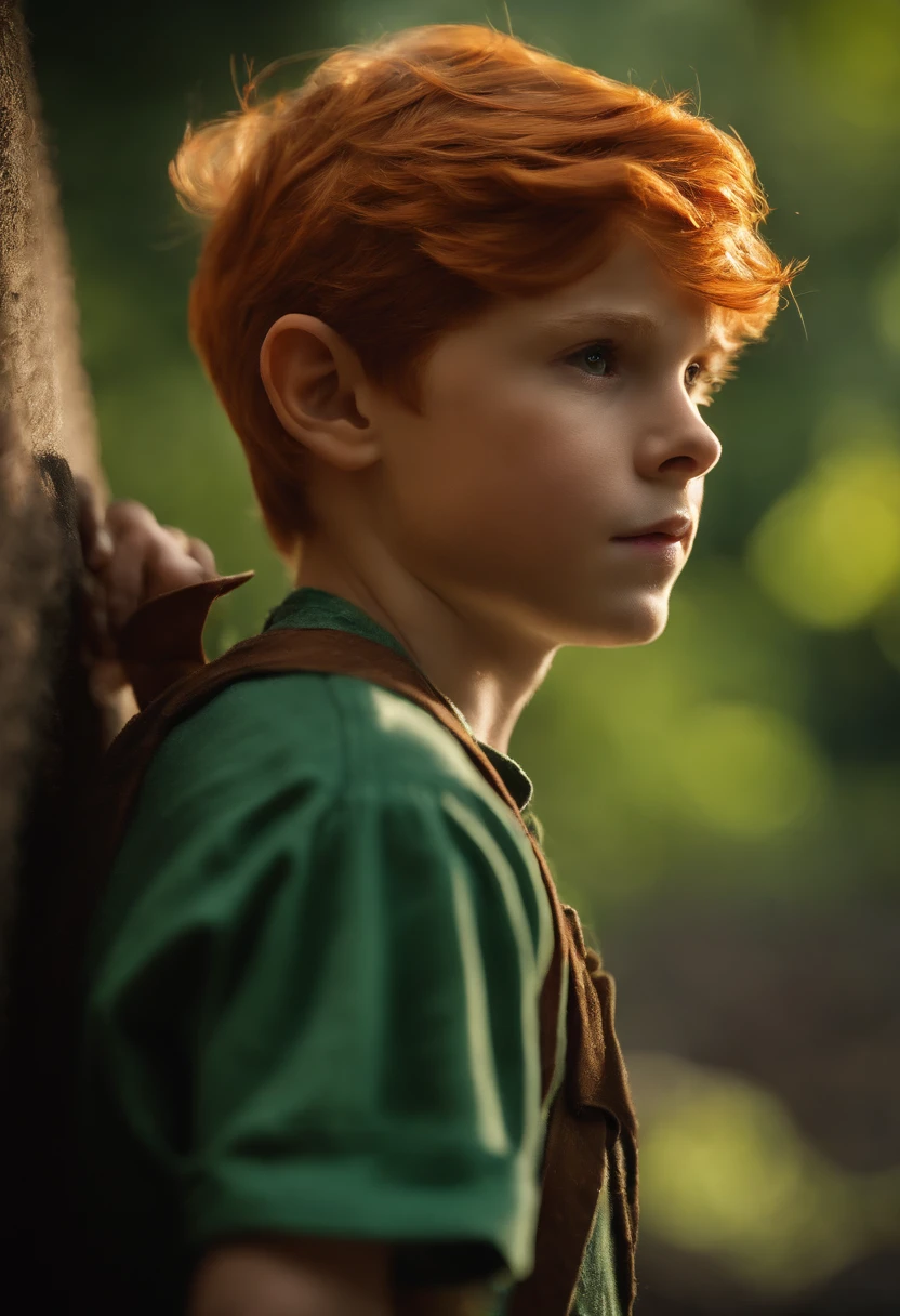 masterpiece, best quality, 1boy, peter pan, solo, closeup, short hair, orange hair, green collared shirt, short sleeves, hat feather, male focus, pointy ears,
