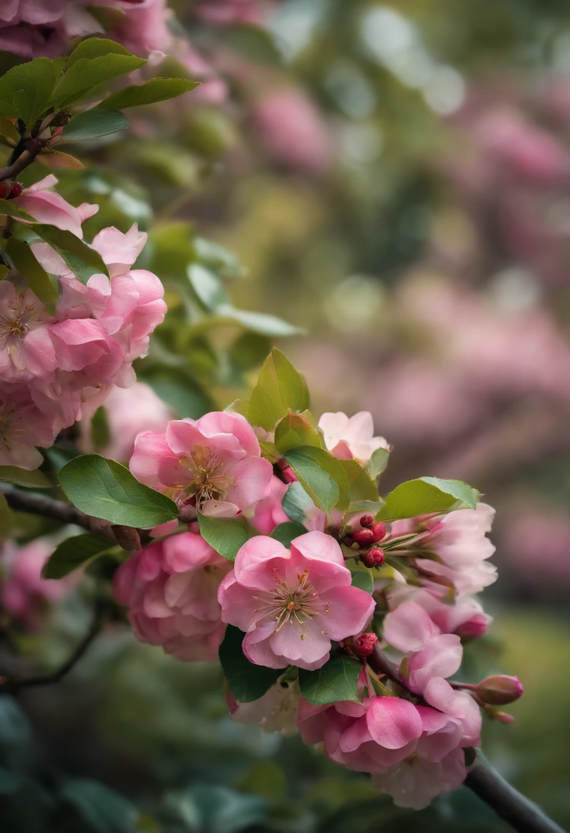Beautiful apple tree garden, The trees are full of flowers,There are more than 10 flowers in the picture,largeaperture, Miki Asai Macro photography, Close-up, ultra - detailed, trending on artstationh, Sharp focus, studio photo, Intricate details, Highly detailed, by Greg Rutkowski