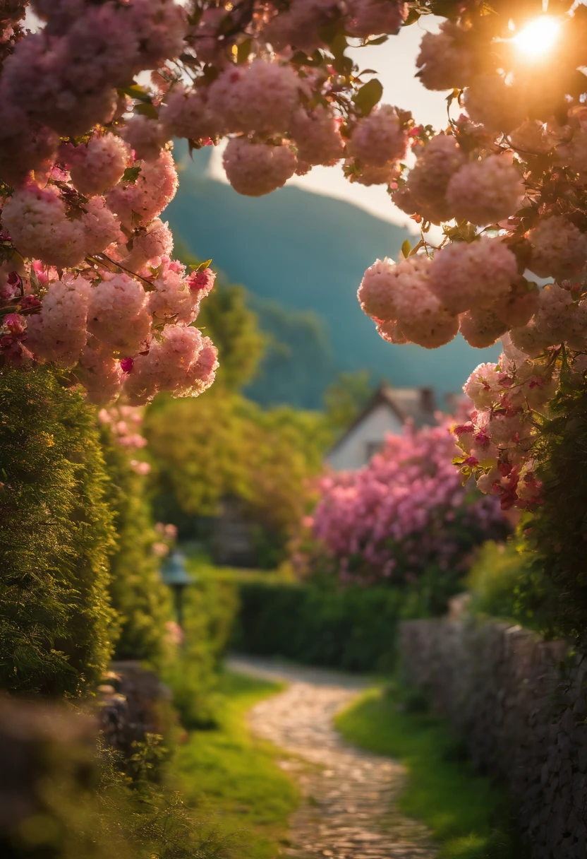 Beautiful apple tree garden, The trees are full of flowers,There are more than 10 flowers in the picture,largeaperture, Miki Asai Macro photography, Close-up, ultra - detailed, trending on artstationh, Sharp focus, studio photo, Intricate details, Highly detailed, by Greg Rutkowski