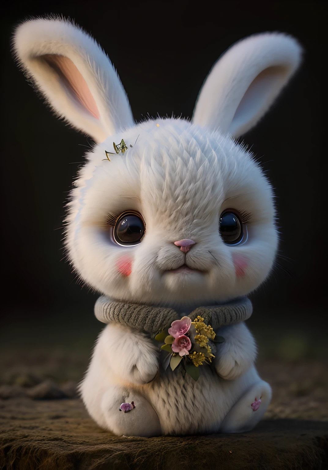 bunny, blur, bunny, flower, nature, no_humans, depth of field, to8contrast style, DARK_Glam, wearing DRK_Glam, deep shadows, (dark: 1.4), (8k, RAW photo, best quality, masterpiece: 1.2)