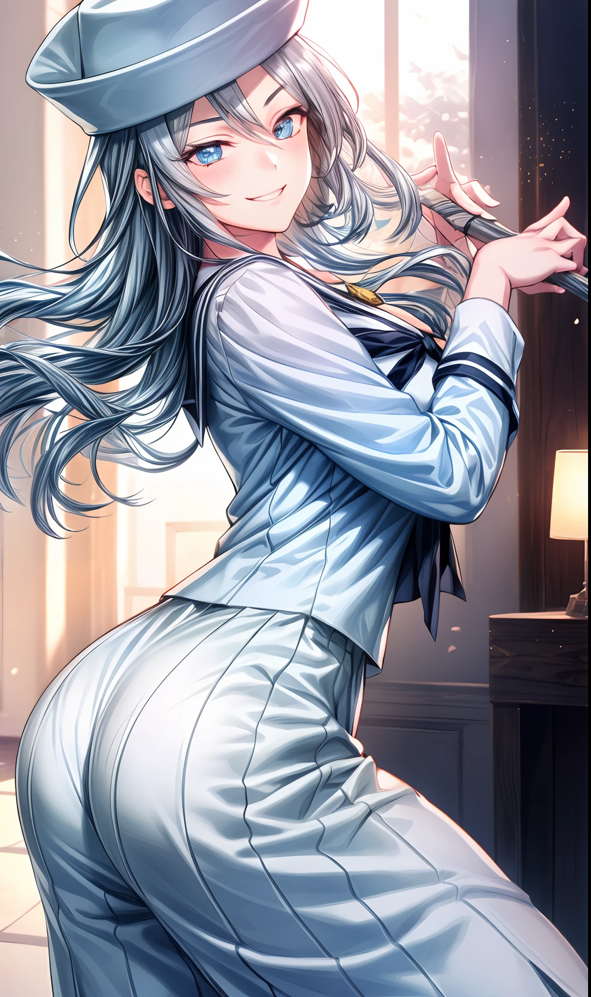 (Highres), (Detailed Illustration), Ultra-Detailed, Ambient Light, Backlighting, Realistic Shadows, Glowing Particles, Light Particles, Digital Art, Soft Light, Soft Lighting, White Light, White Lighting, Reflections, Detailed Face, (Detailed Hair:1.2), Dim Lighting, Indirect Lighting, Reflections, Detailed Face, (Detailed Hair:1.2), (Desaturated:1.4), (Hyper-Detailed Eyes:1.2), (Detailed Hair:1.2), (Hyper-Detailed Eyes:1.4), (Detailed Eyes:1.6), (indoors:1.2), looking at viewer, (1girls:1.4), blush, upper body, dixie cup hat, (undersized white dress shirt:1.3), eyebrows visible through hair, eyes visible through hair, foreshortening, (tricky glance:1.4),( frown:1.3), half-closed eyes, (medium breasts:1.3), hat, hat feather, light blush, light articles, long hair, (long skirt:1.4), (long sleeves:1.4), military hat, pleated skirt, sailor, sailor collar, shirt, silver hair, skirt, (smile, smirk:1.4), solo, (tilted headwear, white blouse:1.4), white headwear, (white skirt:1.3), (big buttocks:1.6), (simply background:1.6),
