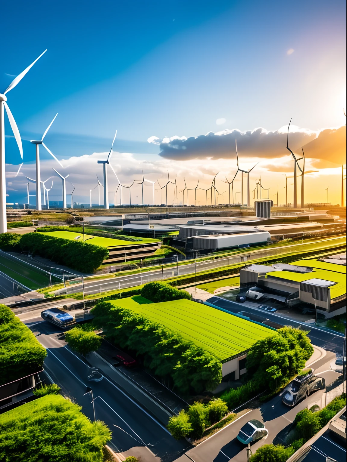 Picture a cityscape powered entirely by renewable energy in the year 2100. Shot taken by Canon EOS 5D Mark IV. The image should portray the city’s buildings fitted with green roofs and solar panels, wind turbines dotting the skyline, and electric vehicles moving on the streets. The city should appear vibrant and sustainable, a testament to the potential of renewable energy. Use a high-resolution 16k camera, a raw style, and a quality setting to capture this eco-friendly scene